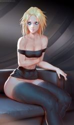 Rule 34 | 1girl, absurdres, bangs pinned back, bare shoulders, black skirt, black thighhighs, blonde hair, blue eyes, breasts, cleavage, clothes lift, collarbone, couch, destiny (game), eyeliner, eyeshadow, forehead, highres, humanization, legs together, long legs, makeup, mara sov, medium breasts, medium hair, messy hair, miniskirt, naftosaur, narrow waist, no panties, nose, parted lips, purple lips, sitting, skirt, skirt lift, solo, strapless, thighhighs, tube top