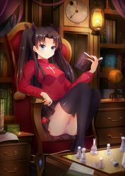 Rule 34 | 1girl, black hair, black thighhighs, book, chess piece, fate/stay night, fate (series), gem, highres, holding, jewelry, long hair, long legs, long sleeves, looking at viewer, open book, panties, pantyshot, pendant, solo, table, thighhighs, tohsaka rin, twintails, two side up, underwear, zerii (cdcdqqq)