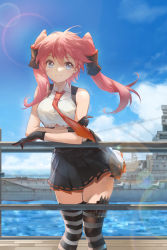 Rule 34 | 1girl, ahoge, arm support, battleship, black gloves, black skirt, black thighhighs, blouse, blue eyes, blue sky, closed mouth, cloud, commentary request, gloves, highres, jokanhiyou, long hair, looking at viewer, military, military vehicle, ocean, original, outdoors, pink hair, ship, shirt, skirt, sky, smile, solo, standing, striped clothes, striped thighhighs, thighhighs, thighs, twintails, two-tone legwear, warship, watercraft, white shirt, white thighhighs, world of warships
