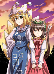 Rule 34 | 2girls, animal ears, blonde hair, brown eyes, brown hair, cat ears, cat girl, cat tail, chen, earrings, female focus, hand on another&#039;s head, hat, jewelry, multiple girls, one eye closed, rimibure, short hair, skirt hold, smile, sunset, tail, touhou, wink, yakumo ran, yellow eyes