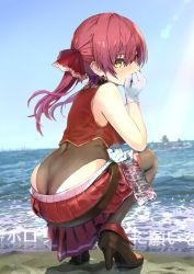Rule 34 | 1girl, ass, bare shoulders, beach, belt, blue sky, blush, boots, breasts, brown belt, brown footwear, brown leotard, brown thighhighs, from behind, full body, gloves, hair between eyes, hair ribbon, heterochromia, high heels, highleg, highleg leotard, highres, hololive, houshou marine, jacket, large breasts, leather, leather belt, leather boots, leotard, leotard under clothes, long hair, looking at viewer, looking back, loose belt, miniskirt, ocean, outdoors, pleated skirt, red eyes, red hair, red jacket, red ribbon, red skirt, ribbon, sand, see-through, see-through leotard, skirt, sky, sleeveless, sleeveless jacket, solo, squatting, swept bangs, thighhighs, twintails, virtual youtuber, wankosukii, water, white gloves, yellow eyes