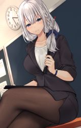 Rule 34 | 1girl, baton (weapon), black jacket, black skirt, blazer, blue eyes, blurry, blush, braid, breasts, brown pantyhose, buttons, clock, collarbone, commentary request, depth of field, dutch angle, expandable baton, hair ornament, hair over shoulder, hair scrunchie, highres, holding, jacket, kinokorec, long hair, looking at viewer, medium breasts, miniskirt, mole, mole under eye, on table, pantyhose, parted lips, pencil skirt, scrunchie, shirt, signal cherry, sitting, skirt, smile, solo, table, teacher, uniform, watch, weapon, white shirt, wing collar, wristwatch