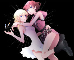 Rule 34 | 2girls, ass, black background, blonde hair, blue eyes, breasts, closed mouth, dress, highres, kairi (kingdom hearts), kingdom hearts, kingdom hearts ii, kisuu (queenseven), long hair, looking at viewer, multiple girls, namine, red hair, short hair, simple background, white dress