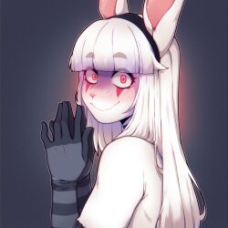 Rule 34 | 1girl, animal ears, black gloves, black hairband, blunt bangs, blush, colored skin, copyright request, gloves, gradient background, grey gloves, hairband, hands up, highres, long hair, looking at viewer, looking to the side, original, own hands together, rabbit ears, rabbit girl, red eyes, shiny skin, smile, solo, suelix, two-tone gloves, wavy mouth, white hair, white skin