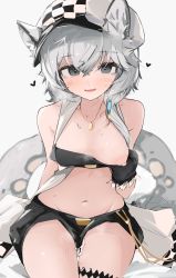 Rule 34 | 1girl, animal ears, arknights, bandeau, bandeau pull, black bandeau, black gloves, black shorts, breasts, cliffheart (arknights), cowboy shot, crossed bangs, cum, cum on legs, fur-trimmed gloves, fur trim, gloves, grey eyes, grey hair, groin, hair between eyes, hat, heavy breathing, highres, jewelry, leopard ears, leopard girl, leopard tail, light blush, looking at viewer, mikozin, navel, necklace, nipples, one breast out, pulling own clothes, short hair, short shorts, shorts, simple background, sitting, small breasts, smile, solo, tail, thigh strap, thighs, white background, white hat