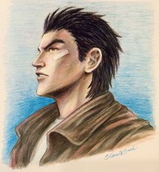 Rule 34 | 1boy, absurdres, bandage on face, bandages, black hair, blue background, border, brown eyes, brown jacket, collared jacket, from side, graphite (medium), hazuki ryou, highres, jacket, leather, leather jacket, parted lips, profile, shenmue, shirt, sideburns, signature, sketch, sliverofsand, spiked hair, t-shirt, thick eyebrows, traditional media, white border, white shirt