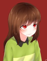 Rule 34 | 1girl, artist name, artist request, blush, brown hair, chara (undertale), long sleeves, red eyes, solo, striped clothes, striped sweater, sweater, undertale, upper body