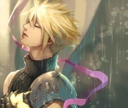 Rule 34 | 1boy, armor, blonde hair, blue shirt, cloud strife, earrings, closed eyes, final fantasy, final fantasy vii, final fantasy vii remake, flower, gloves, halu-ca, highres, jewelry, lily (flower), male focus, rain, ribbon, shirt, shoulder armor, solo, spiked hair, square enix, suspenders, turtleneck, yellow flower