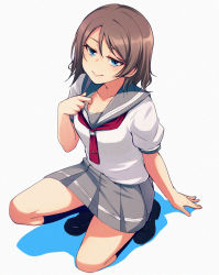 Rule 34 | 10s, 1girl, absurdres, arm support, blue eyes, breasts, brown hair, cleavage, clothes pull, collar tug, highres, kneehighs, loafers, love live!, love live! sunshine!!, nanotsuki, naughty face, pleated skirt, school uniform, serafuku, shirt pull, shoes, skirt, smile, socks, solo, squatting, watanabe you