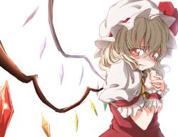 Rule 34 | 1girl, arm garter, ascot, blonde hair, bloom, blush, crystal, darjeeling (reley), female focus, flandre scarlet, from side, hat, hat ribbon, highres, looking at viewer, mob cap, own hands together, parted lips, puffy short sleeves, puffy sleeves, red eyes, red ribbon, ribbon, scared, short sleeves, side ponytail, solo, touhou, upper body, wavy mouth, white background, wings, wrist cuffs