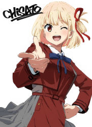 Rule 34 | 1girl, ;p, belt, blonde hair, blue ribbon, bob cut, collared shirt, commentary request, dress, grey dress, haaam, hair ribbon, hand on own hip, highres, long sleeves, looking back, lycoris recoil, lycoris uniform, neck ribbon, nishikigi chisato, one eye closed, open mouth, pleated dress, pointing, pointing at viewer, red belt, red dress, red eyes, red ribbon, ribbon, school uniform, shirt, short hair, simple background, smile, solo, tongue, tongue out, two-tone dress, white background, white shirt