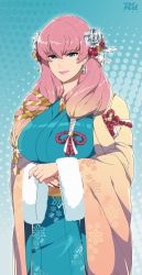 Rule 34 | 1girl, blue eyes, blue kimono, breasts, coat, earrings, fire emblem, fire emblem heroes, flower, fur-trimmed sleeves, fur trim, gunnthra (fire emblem), hair flower, hair ornament, hair tie, half-closed eyes, highres, japanese clothes, jewelry, kimono, large breasts, lips, lipstick, makeup, nail polish, nintendo, official alternate costume, own hands together, pink hair, pink lips, pink nails, r3dfive, smile, solo, watermark, white flower, yellow coat