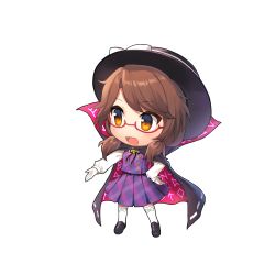 Rule 34 | 1girl, black footwear, black hat, bolo tie, bow, brown hair, cape, capelet, chibi, cloak, fedora, full body, glasses, hand on own hip, hat, hat bow, highres, long sleeves, low twintails, medium hair, open mouth, plaid, plaid skirt, plaid vest, purple skirt, purple vest, red-framed eyewear, runes, simple background, skirt, solo, touhou, transparent background, twintails, usami sumireko, vest, white background, white bow, white legwear, white sleeves, yada (xxxadaman)