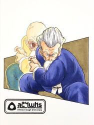 Rule 34 | 2boys, a24wks, beard, chinese clothes, commentary request, dragon ball, dragon ball (classic), dual persona, facial hair, furrowed brow, highres, jackie chun, kamehameha (dragon ball), male focus, marker (medium), multiple boys, muten roushi, official style, old, old man, serious, signature, squatting, sunglasses, toriyama akira (style), traditional media, veins, wig