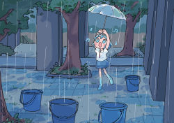 Rule 34 | 1girl, 1nupool, :d, ahoge, blue eyes, bucket, highres, liquid clothes, liquid hair, open mouth, original, outdoors, puddle, rain, short hair, smile, solo, tree, umbrella, water, water elemental