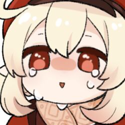 Rule 34 | 1girl, ahoge, blonde hair, brown scarf, crying, double-parted bangs, emoticon, genshin impact, klee (genshin impact), lowres, marimo jh, open mouth, portrait, scarf, sidelocks, smile, solo, tears, triangle mouth, twintails