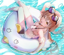 Rule 34 | 1girl, :d, bare shoulders, bikini, blue archive, blush, breasts, collarbone, eyewear on head, feet, frilled bikini, frills, from above, hair between eyes, halo, hifumi (blue archive), hifumi (swimsuit) (blue archive), highres, innertube, light brown hair, long hair, looking at viewer, low twintails, nanashi (74 nanashi), ocean, open mouth, partially submerged, ripples, small breasts, smile, solo, sunglasses, swim ring, swimsuit, thighs, twintails, very long hair, water, wet, white bikini, yellow eyes