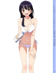 Rule 34 | 1girl, absurdres, bikini, black hair, blush, boku no kokoro no yabai yatsu, bottle, breasts, cleavage, highres, large breasts, long hair, looking at viewer, magazine scan, megami magazine, mole, mole on neck, mole on thigh, navel, official art, open mouth, scan, shiny skin, simple background, swimsuit, thighs, water bottle, white background, white bikini, yamada anna