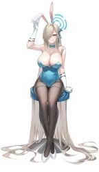 Rule 34 | 1girl, absurdly long hair, absurdres, animal ears, aqua leotard, arm up, asuna (blue archive), asuna (blue archive) (cosplay), asuna (bunny) (blue archive), asymmetrical bangs, bare shoulders, blue archive, blue eyes, blue halo, blue leotard, blush, breasts, cleavage, cosplay, detached collar, fake animal ears, full body, gangsoon86, gloves, hair over one eye, hair over shoulder, halo, highleg, highleg leotard, highres, large breasts, leotard, light blush, light brown hair, long hair, mole, mole on breast, official alternate costume, open mouth, pantyhose, playboy bunny, rabbit ears, sitting, strapless, strapless leotard, thighband pantyhose, very long hair, white background