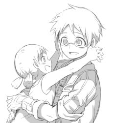 Rule 34 | 1boy, 1girl, :d, bespectacled, blush, child, cr72, father and daughter, glasses, gloves, greyscale, holding, jacket, long hair, looking at another, made in abyss, monochrome, open clothes, open jacket, open mouth, outstretched arms, parted lips, profile, riko (made in abyss), short hair, short twintails, sketch, smile, time paradox, torka, twintails, upper body, whistle