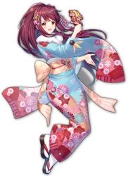 Rule 34 | 1girl, artist request, blue kimono, floral print, full body, fur collar, furisode, game cg, hagoita, hair ornament, holding, holding paddle, japanese clothes, kikumon, kimono, kujou riu, long hair, looking at viewer, mahjong soul, obi, obiage, obijime, official art, open mouth, orange eyes, paddle, ponytail, red hair, sandals, sash, simple background, smile, socks, solo, tabi, third-party source, transparent background, v-shaped eyebrows, wide sleeves, yostar