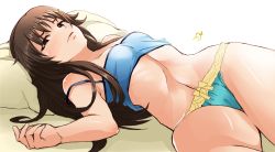 Rule 34 | 10s, 1girl, bare shoulders, bed, blush, breasts, brown hair, camisole, green eyes, hair ornament, hairclip, himekawa yuki, idolmaster, idolmaster cinderella girls, lingerie, long hair, looking at viewer, lying, navel, on back, panties, pillow, shift (waage), small breasts, solo, strap slip, underwear, underwear only