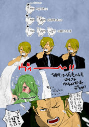Rule 34 | 1girl, 2boys, age difference, blonde hair, blush, child, formal, green hair, kyuujou emiri, monet (one piece), monster girl, multiple boys, multiple persona, one-eyed, one piece, punk hazard, roronoa zoro, sanji (one piece), snow, suit, translation request, wings