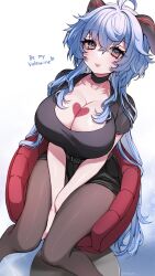Rule 34 | 1girl, absurdres, ahoge, alternate costume, black choker, black shirt, black shorts, blue hair, breasts, choker, cleavage, commentary, feet out of frame, ganyu (genshin impact), genshin impact, heart, highres, horns, huge breasts, large breasts, long hair, looking at viewer, nemuaki, pantyhose, pantyhose under shorts, shirt, short shorts, short sleeves, shorts, sitting, smile, solo, thighs, very long hair