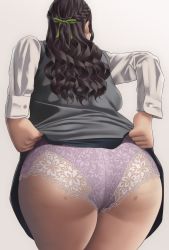 Rule 34 | 1girl, ass, brown hair, clothes lift, commentary request, from behind, green ribbon, hair ribbon, highres, lace, lace panties, lifted by self, long hair, mole, mole on ass, original, panties, panties under pantyhose, pantyhose, pink background, purple panties, ribbon, ryokucha michi, simple background, skirt, skirt lift, solo, thick thighs, thighs, underwear