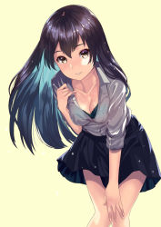 Rule 34 | 1girl, black hair, black skirt, blue hair, blush, bra, breasts, brown eyes, cleavage, collarbone, collared shirt, dress, dress shirt, green bra, grey shirt, heterochromia, highres, kagematsuri, lace, lace-trimmed bra, lace trim, leaning forward, light smile, long hair, looking at viewer, medium breasts, miniskirt, multicolored eyes, multicolored hair, parted lips, purple eyes, purple hair, shirt, simple background, skirt, sleeves rolled up, solo, sweat, two-tone hair, unbuttoned, underwear, water drop, yellow background