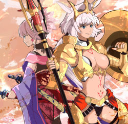 Rule 34 | 2girls, armor, blue eyes, breasts, caenis (fate), cleavage, dated, detached sleeves, fate/grand order, fate (series), holding, holding polearm, holding spear, holding weapon, medium breasts, miyamoto musashi (fate), miyamoto musashi (third ascension) (fate), multiple girls, polearm, shield, short hair, smile, spear, sword, tattoo, weapon, white hair, yuruyume1224