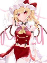 Rule 34 | 1girl, arm behind head, arm up, artistic error, black choker, blush, bow, breasts, choker, closed mouth, commentary, commentary request, crystal, ear piercing, earrings, eyelashes, fang, fang out, flandre scarlet, hat, hat bow, highres, jewelry, lace, lace-trimmed headwear, lace-trimmed skirt, lace trim, light blush, lips, looking at viewer, medium breasts, mob cap, navel, one side up, piercing, pink ribbon, pointy ears, red bow, red eyes, red skirt, red vest, ribbon, rori82li, short hair, sitting, skirt, solo, stomach, thighhighs, touhou, vest, white hat, white thighhighs, wings