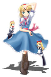 Rule 34 | 1girl, alice margatroid, apron, axe, blonde hair, blue eyes, boots, bow, capelet, cross-laced footwear, doll, dress, female focus, green eyes, hairband, hatchet, hatchet (axe), jewelry, kinagi yuu, lace-up boots, nata (tool), ribbon, ring, sash, shanghai doll, short hair, solo, touhou, weapon