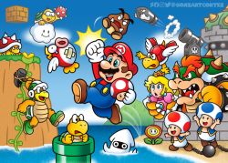 Rule 34 | 1boy, 1girl, 6+others, bill blaster, blooper (mario), blue eyes, blue sky, bowser, brick block, bullet bill, cheep cheep, claws, crown, dress, fire flower, gloves, goomba, grin, hammer, hammer bro, hammer brothers, horns, jumping, koopa paratroopa, koopa troopa, lakitu, mario, mario (series), multiple others, nintendo, overalls, pink dress, princess peach, punching, red hair, sky, smile, spikes, spiny, spiny egg, super mario bros. 1, super mushroom, toad (mario), warp pipe, water, wings