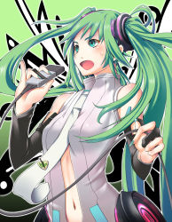 Rule 34 | bridal gauntlets, green eyes, green hair, hatsune miku, hatsune miku (append), long hair, microphone, navel, necktie, open mouth, solo, tsumiki kuzushi, twintails, very long hair, vocaloid, vocaloid append