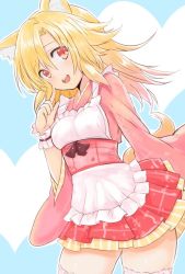 Rule 34 | 1girl, animal ear fluff, animal ears, apron, bad id, bad twitter id, blonde hair, blush, bow, breasts, buttons, commentary request, contrapposto, cowboy shot, double-breasted, fox ears, futaba akane, hand up, heart, heart hands, long hair, long sleeves, looking at viewer, medium breasts, nanashin naomi, open mouth, original, red eyes, simple background, smile, solo, standing, underbust, white apron, wide sleeves