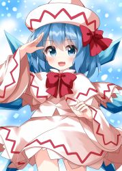 Rule 34 | 1girl, blue eyes, blue hair, blush, capelet, cirno, cosplay, cowboy shot, dress, fairy, fang, hair between eyes, hat, highres, ice, ice wings, lily white, lily white (cosplay), long sleeves, open mouth, ruu (tksymkw), short hair, skin fang, smile, solo, touhou, white capelet, white dress, white hat, wings