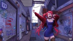Rule 34 | 1girl, alley, breasts, cable, choker, cleavage, closed eyes, collar, commentary, commission, dress, earbuds, earphones, english commentary, jacket, long hair, manda schank, mascot, medium breasts, morning, open clothes, open jacket, open mouth, purple dress, red (strippin), red hair, red jacket, see-through, see-through legwear, short dress, sleeveless, sleeveless dress, solo, stretching, strippin, thighhighs, track jacket, twintails, twitch.tv, vrchat, yawning, zettai ryouiki