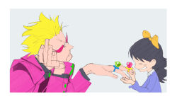 Rule 34 | 1boy, 1girl, aged down, arms up, baby 5, black hair, blonde hair, blue dress, bow, child, closed eyes, donquixote doflamingo, dress, hair bow, head rest, highres, jacket, jewelry, long hair, multiple rings, one piece, pink jacket, portrait, ring, ring pop, short hair, smile, sunglasses, tobu (bilibil), yellow bow