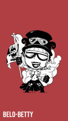 Rule 34 | 1girl, arm up, belo betty, blacknirrow, blunt bangs, breasts, breasts apart, character name, chibi, cigarette, clenched hands, cropped jacket, english text, eyewear on headwear, female focus, flag, full body, fur (clothing), gloves, goggles, groin, hand up, happy, hat, highres, holding, holding flag, jacket, lipstick, makeup, medium breasts, monochrome, mouth hold, navel, necktie, no bra, no shirt, one piece, open clothes, open jacket, open mouth, outstretched arm, red background, short hair, short shorts, short sleeves, shorts, sidelocks, simple background, sketch, smile, smoke, smoking, solo, standing, stomach, sunglasses, teeth, thighhighs, top hat