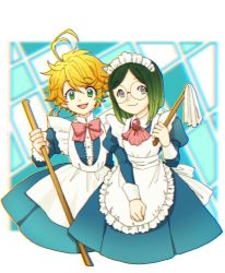 Rule 34 | 0rithad0, 2girls, ahoge, alternate costume, apron, blue background, blue dress, bow, brooch, chromatic aberration, clenched hand, dress, duster, emma (yakusoku no neverland), enmaided, gilda (yakusoku no neverland), glasses, green eyes, green hair, grey eyes, hair ornament, hairclip, highres, jewelry, looking at viewer, maid, maid headdress, medium hair, multiple girls, orange hair, parted bangs, pink bow, puffy short sleeves, puffy sleeves, short sleeves, simple background, smile, standing, yakusoku no neverland
