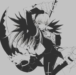 Rule 34 | 00s, 1girl, arm up, cross print, dress, grey background, greyscale, huge weapon, long sleeves, looking at viewer, monochrome, polearm, pota, pota (nabrinko), rozen maiden, scythe, simple background, solo, suigintou, unsheathed, weapon, wings