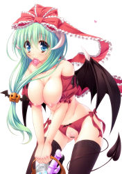 Rule 34 | 1girl, anal beads, basket, bat wings, bent over, black thighhighs, blue eyes, blush, bow, box, breasts, censored, condom, condom box, condom in mouth, crotchless, crotchless panties, demon girl, demon tail, demon wings, dildo, female focus, front ponytail, green eyes, green hair, hair bow, hair ornament, hair tubes, heart, horns, jack-o&#039;-lantern, kagiyama hina, large breasts, long hair, looking at viewer, matching hair/eyes, mouth hold, nipples, panties, pointless censoring, pumpkin, pussy, red panties, sex toy, side-tie panties, simple background, smile, solo, tail, thighhighs, topless, touhou, underwear, white background, wings, yayoi and nagi