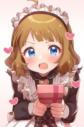 Rule 34 | ahoge, apron, blue eyes, blush, box, box of chocolates, brown dress, brown hair, commentary request, dress, frilled apron, frills, heart, highres, holding, holding box, idolmaster, idolmaster million live!, kahiika, long sleeves, maid, maid apron, maid headdress, open mouth, short hair, solo, suou momoko, sweat, v-shaped eyebrows, wavy hair, white background