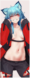 Rule 34 | 1girl, absurdres, animal ear fluff, animal ears, black pants, blue hair, breasts, brown background, collarbone, copyright request, grin, hair between eyes, half-closed eyes, hands up, highres, jacket, kana616, kana (kana616), long hair, long sleeves, looking at viewer, navel, open clothes, open jacket, pants, red eyes, red jacket, simple background, sleeves past wrists, small breasts, smile, solo, v-shaped eyebrows