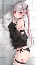 Rule 34 | 1girl, bandaid, bandaid on leg, bare shoulders, black bow, black bra, black panties, black shirt, bow, bra, broken heart, chain, commentary request, from side, grey hair, hair bow, hair ornament, hairclip, hands up, heart, heart hair ornament, highres, kanju, long hair, long sleeves, looking at viewer, looking to the side, multicolored hair, off shoulder, original, panties, puffy long sleeves, puffy sleeves, red eyes, red hair, shirt, side-tie panties, sleeves past wrists, solo, streaked hair, thigh strap, twintails, underwear, very long hair, yami kawaii