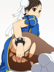 Rule 34 | anus, ass, bracelet, brown eyes, brown hair, brown legwear, capcom, censored, china dress, chinese clothes, chun-li, double bun, dress, hair bun, jewelry, legs, no panties, pantyhose, pussy, smile, spiked bracelet, spikes, street fighter, thighs, travesters