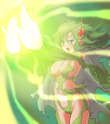 Rule 34 | 1990s (style), 1girl, blush, breasts, cape, cleavage, detached sleeves, final fantasy, final fantasy iv, green eyes, green hair, large breasts, legs, leotard, magic, matching hair/eyes, rydia (ff4), sideboob, solo, tears, thighhighs, thighs, torn clothes