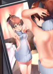 Rule 34 | 10s, 1girl, angie (meganekko-geki-love-1008), armpits, arms behind head, arms up, back, backless dress, backless outfit, bare back, bedroom, black ribbon, blurry, blurry background, blurry foreground, blush, breasts, brown eyes, brown hair, commentary, cowboy shot, day, depth of field, dress, from behind, girls und panzer, grey sweater, hair ribbon, halterneck, highres, indoors, koyama yuzu, looking at viewer, medium breasts, meme attire, mirror, naked sweater, open mouth, reflection, ribbon, short hair, short ponytail, sideboob, sleeveless, sleeveless turtleneck, solo, sweater, sweater dress, turtleneck, turtleneck sweater, virgin killer sweater