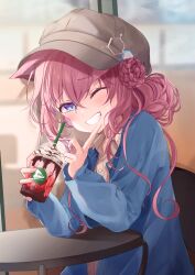 Rule 34 | 1girl, absurdres, animal ears, cabbie hat, casual, cup, disposable cup, drinking straw, grin, hakui koyori, hat, highres, hololive, iced coffee, long hair, looking at viewer, one eye closed, pink hair, purple eyes, shagaihi, smile, solo, table, virtual youtuber, wolf ears, wolf girl
